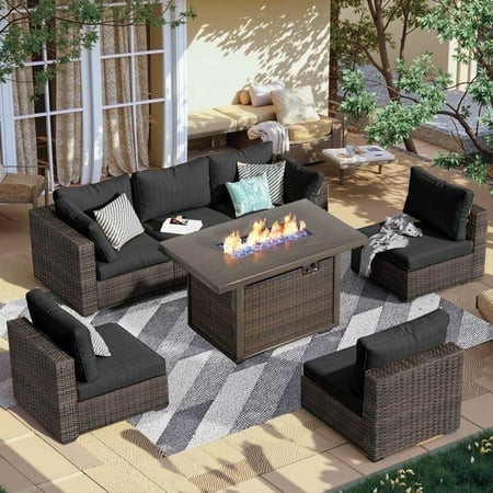 Gaildon 7 Piece Patio Furniture Set with Fire Pit Table, All Weather Outdoor Sectional PE Rattan, Patio Conversation Sets with Cushions for Garden Lawn Balcony Porch Deck, Black | Walmart (US)