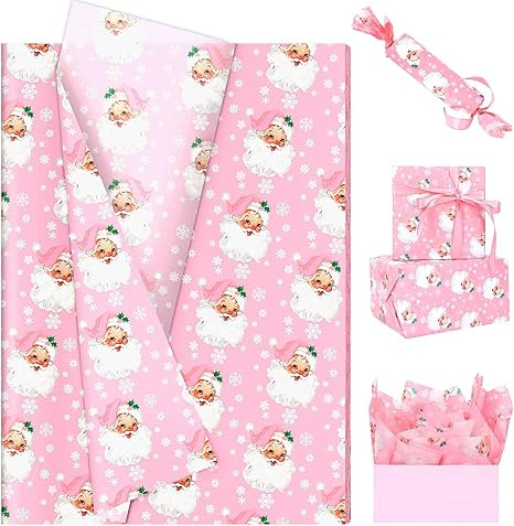 60 Sheets Pink Xmas Santa Tissue Paper, 20 x 14in Pink Santa Snowflake Print Wrapping Paper Cute ... | Amazon (US)