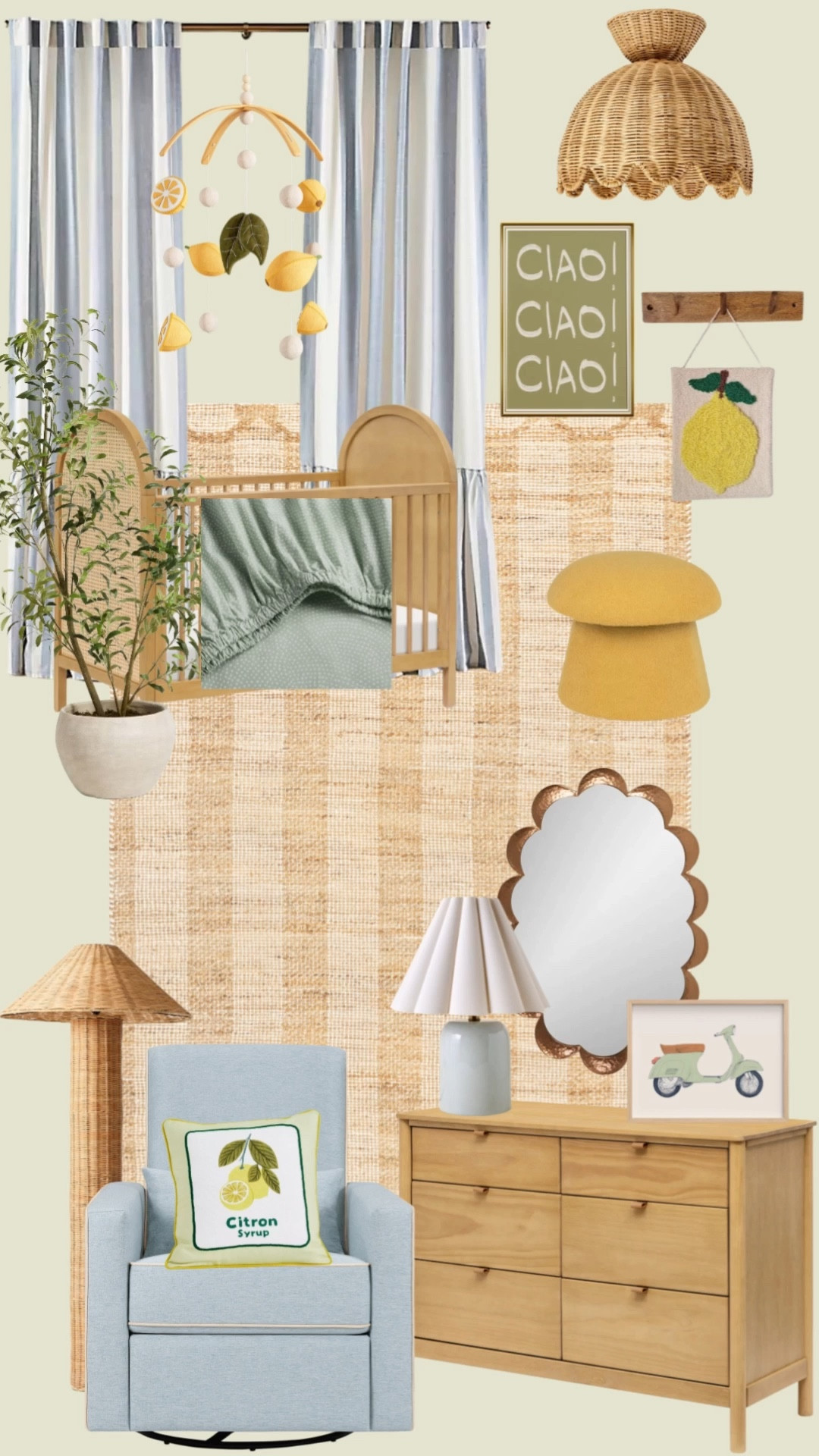 Italian citrus nursery moodboard 🍋🇮🇹
I designed this baby room around sage green, soft yellow, and pastel blue for a calm Mediterranean-inspired feel. Featuring a warm wood cane crib and dresser, baby blue nursery glider, woven lighting, brass scalloped mirror, lemon accents, and cozy layered textures. Perfect inspo if you love coastal nursery design, Italian nursery decor, or soft colorful baby room ideas.

nursery decor, baby nursery ideas, italian nursery, lemon nursery, sage green nursery, coastal nursery, mediterranean nursery, nursery moodboard, neutral nursery decor, colorful nursery, baby room design, nursery inspiration, cane crib, nursery glider chair, nursery lighting ideas, woven nursery decor, brass nursery accents, citrus nursery theme, pastel nursery decor

#LTKHome #LTKBump #LTKBaby
