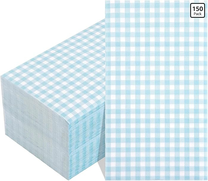 150Pack Baby Blue Paper Checkered Napkins - 3 Ply Disposable Blue and White Gingham Napkins Guest... | Amazon (US)