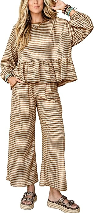 Womens Gingham 2 Piece Outfits Lounge Matching Pants Sets | Amazon (US)