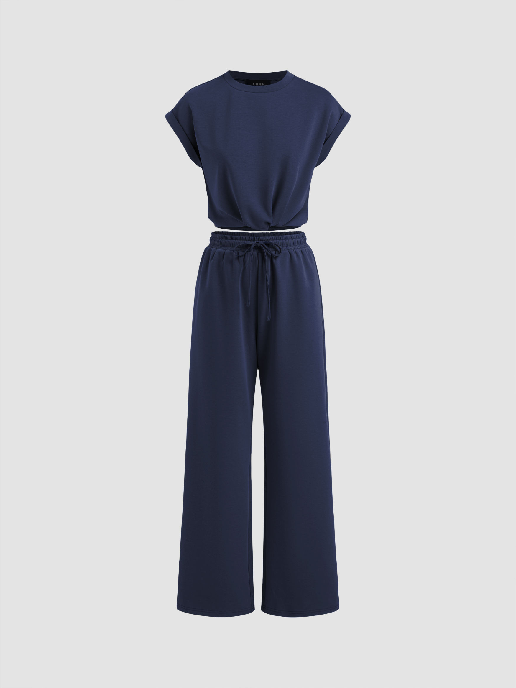 Knit Fabric Cotton-blend Twist Roll-up Sleeve Top & Mid Rise Elastic Waist Straight Leg Trousers ... | Cider