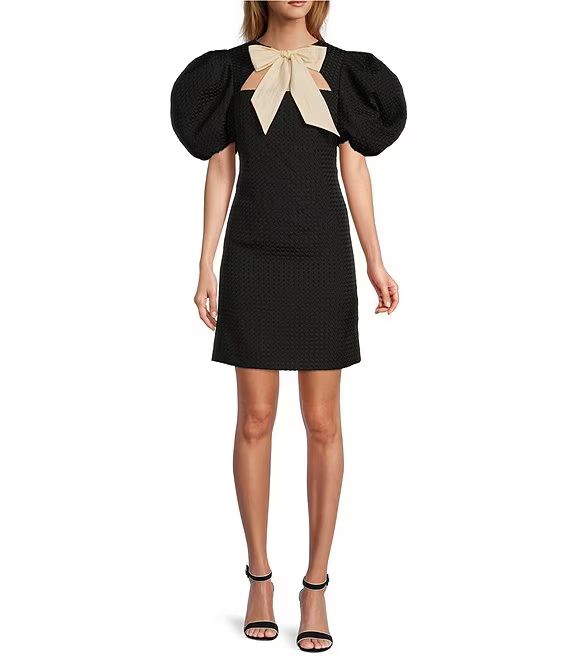 x Courtney Grow Savile Short Puff Sleeve Bow Tie Crew Neck Cut-Out Front Sheath Dress | Dillard's