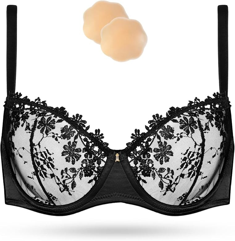 Wingslove Women's Sexy Lace Bra Demi Sheer Mesh Balconette See Through Bralette Unlined Underwire Em | Amazon (US)