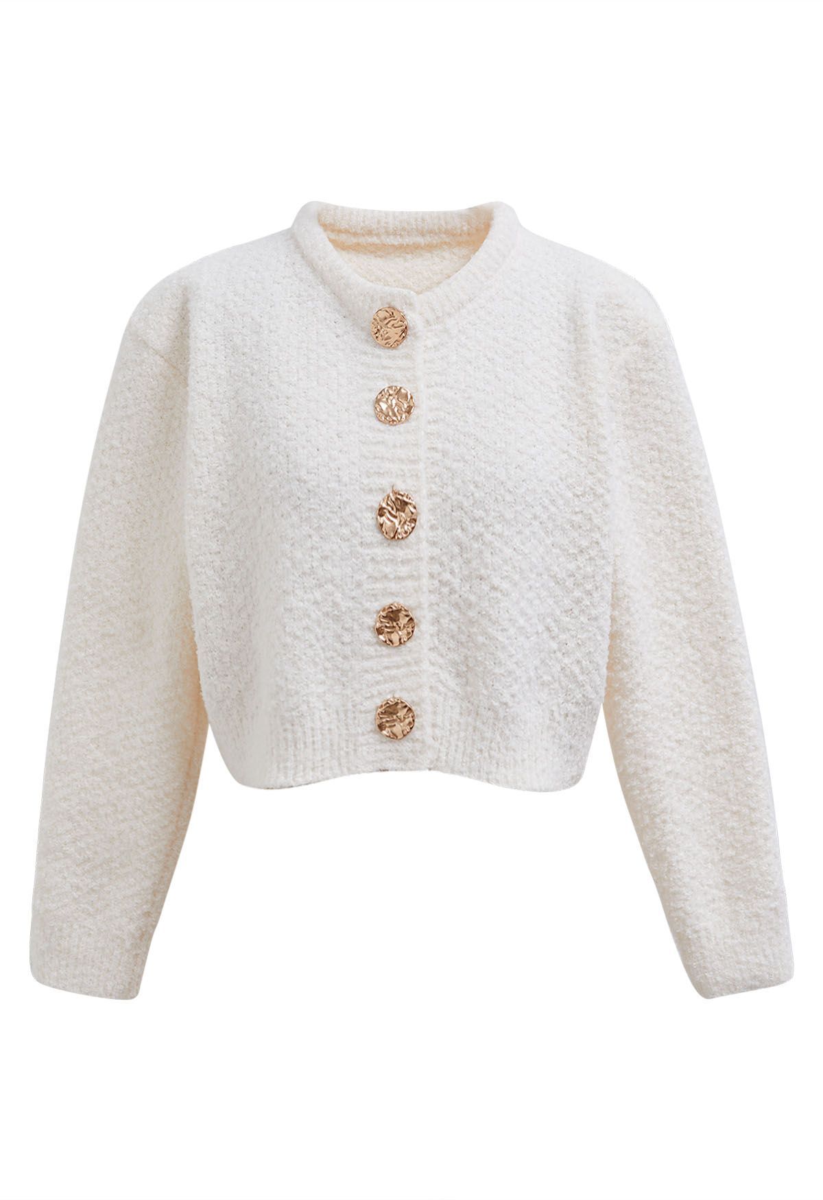 Golden Button Front Crop Knit Cardigan in Cream | Chicwish
