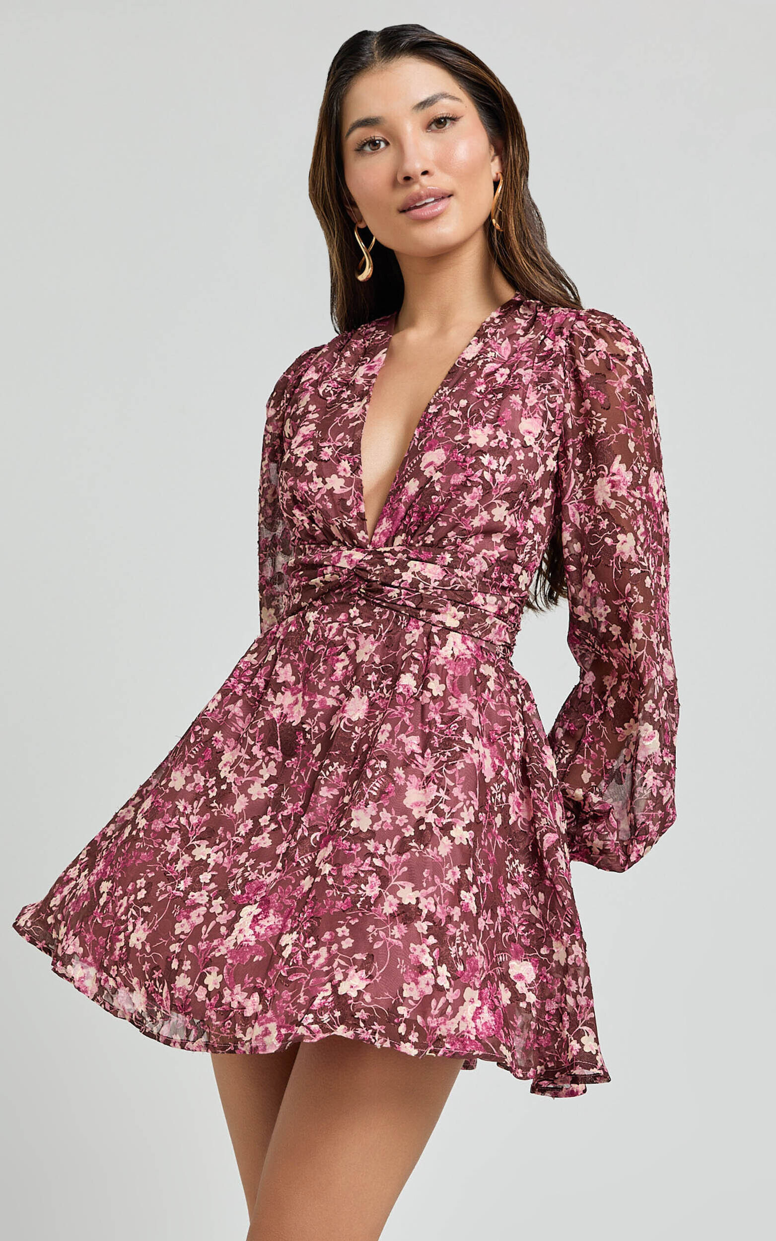 Eleanor Mini Dress - Plunge Twist Front Jacquard Dress in Wine Floral | Showpo (US, UK & Europe)