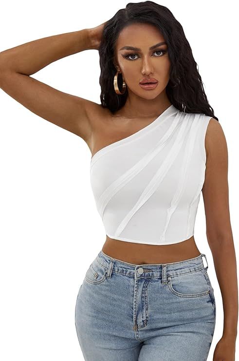 Milumia Women Casual One Shoulder Crop Top Solid Sleeveless Slim Fit Summer Tops | Amazon (US)