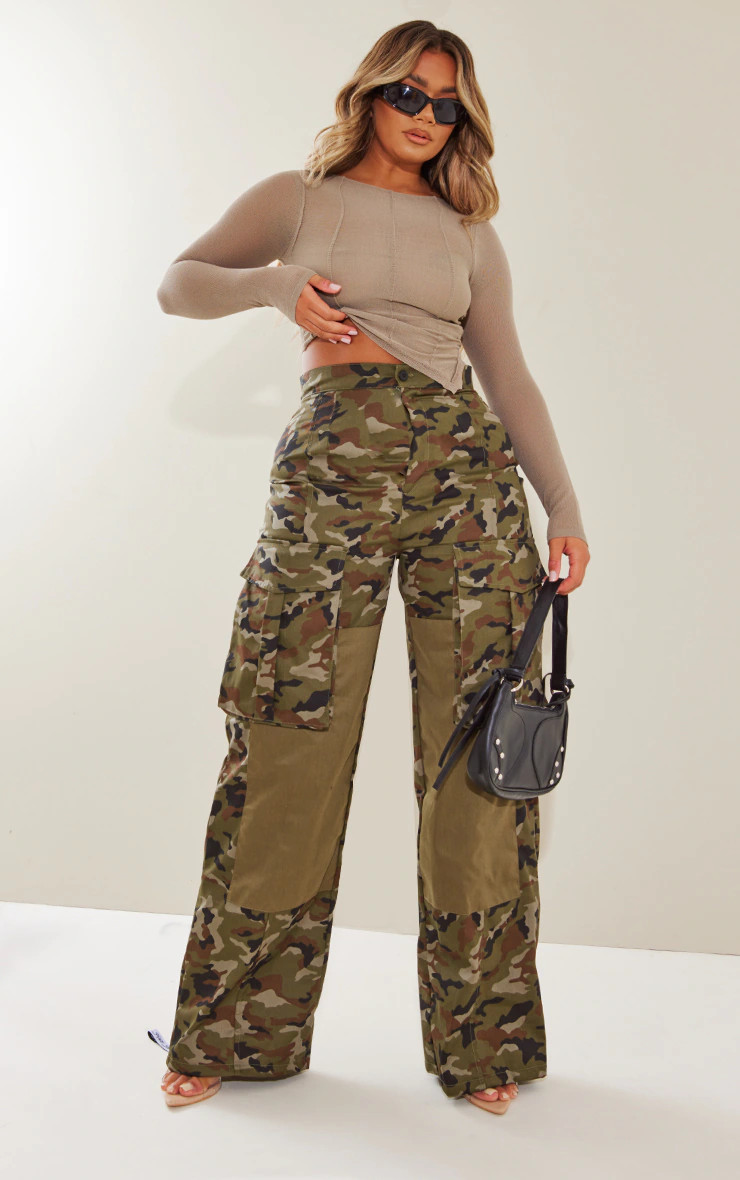 Shape Khaki Camo Printed Pocket Wide Leg Pants | PrettyLittleThing US
