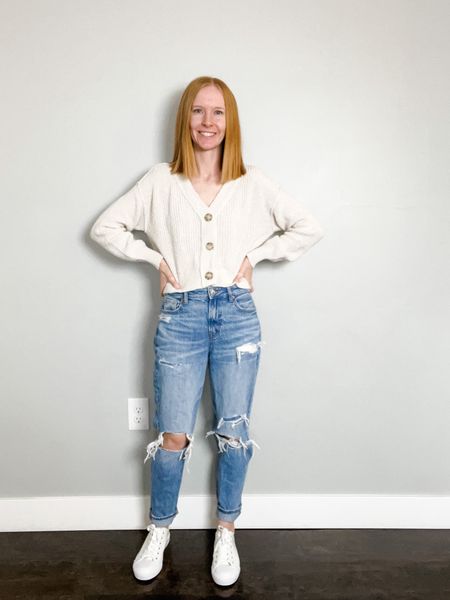 Wearing size XS in cropped cardigan and 0 regular in jeans. True to size. 

Cropped cardigan outfit, mom jeans outfit, white sneakers, distressed jeans, women’s fashion, outfit ideas, outfit inspo, outfit inspiration  

#LTKFind #LTKfit #LTKstyletip