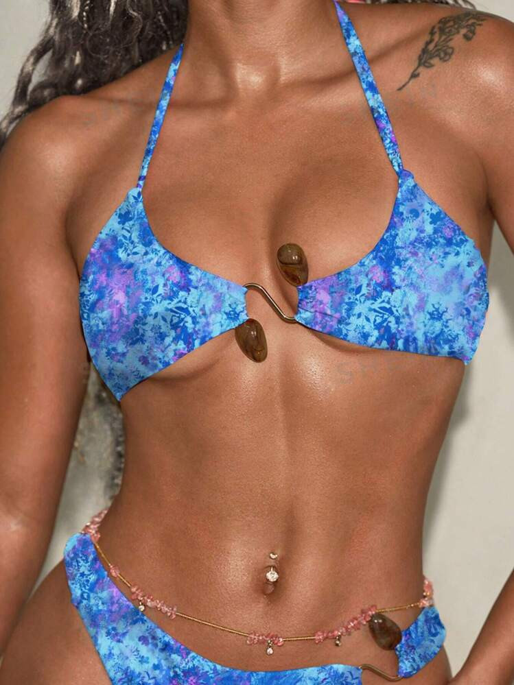 Women's Halter Neck Backless All-Over Allover Print Bikini Top | SHEIN