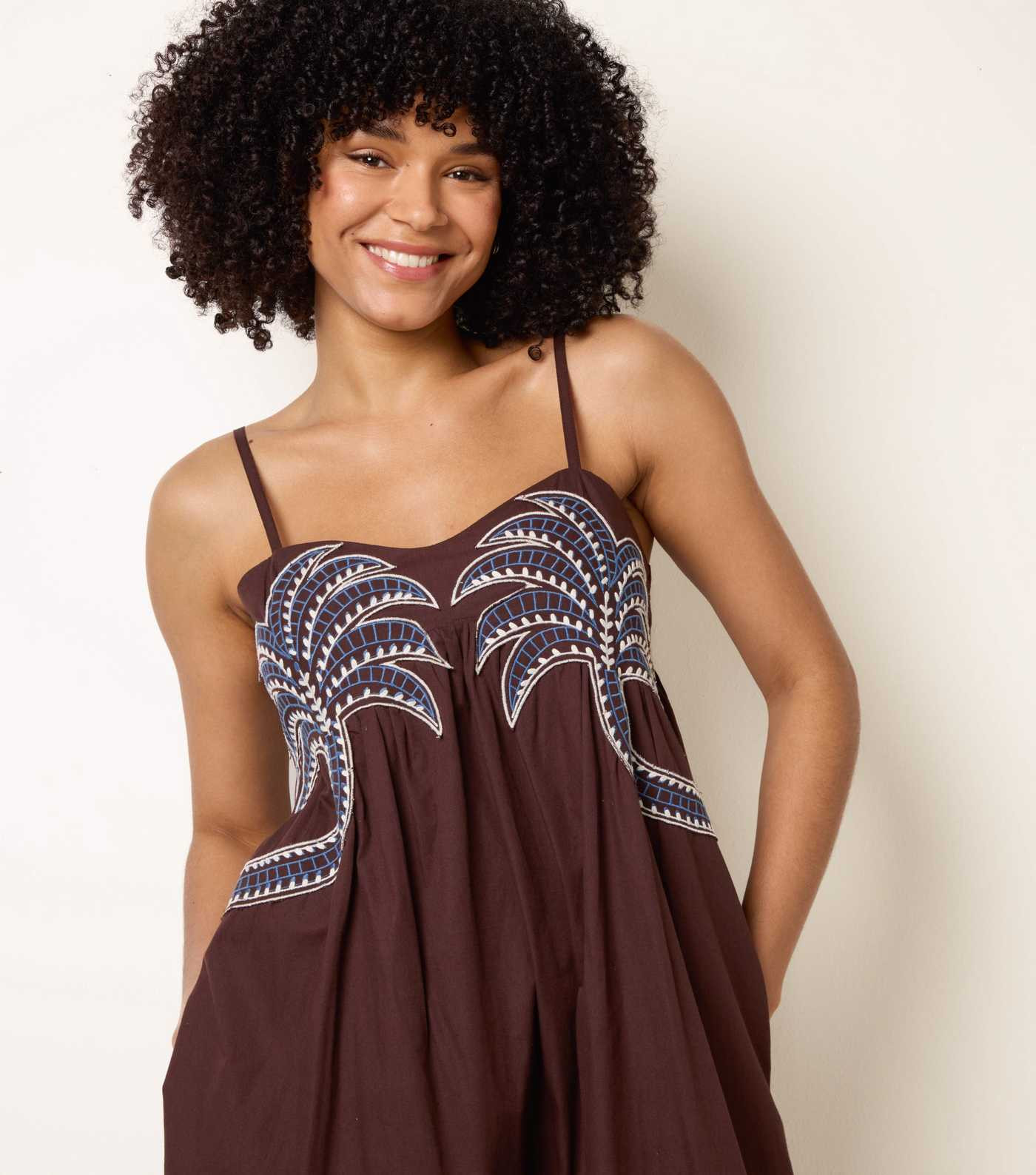 Blue Vanilla Dark Brown Palm Tree Embroidered Midi Smock Dress | New Look | New Look (UK)
