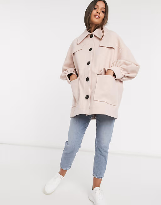 ASOS DESIGN Petite extreme sleeve shacket in pink | ASOS (Global)