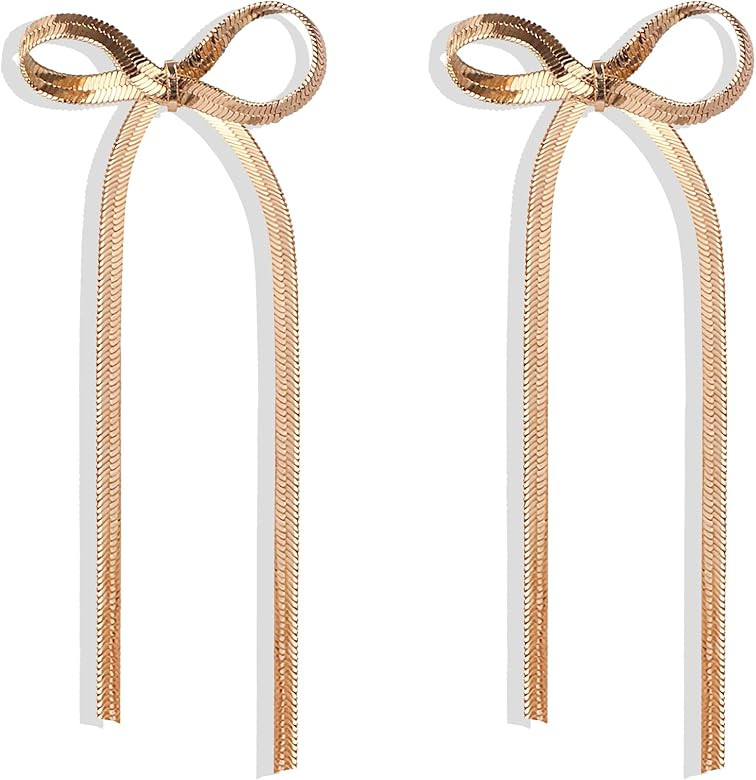 Long Chain Gold Bow Earrings Statement Tassel Earrings Bow Ribbon Stud Earrings Dangle Wedding Pr... | Amazon (US)
