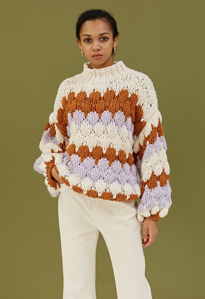 Color Blocked High Neck Hand-Knit Chunky Sweater in Cream | Chicwish