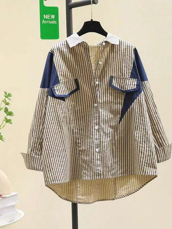 Women's Loose Fit Casual Striped Shirt, Long Sleeve, Spring/Autumn | SHEIN