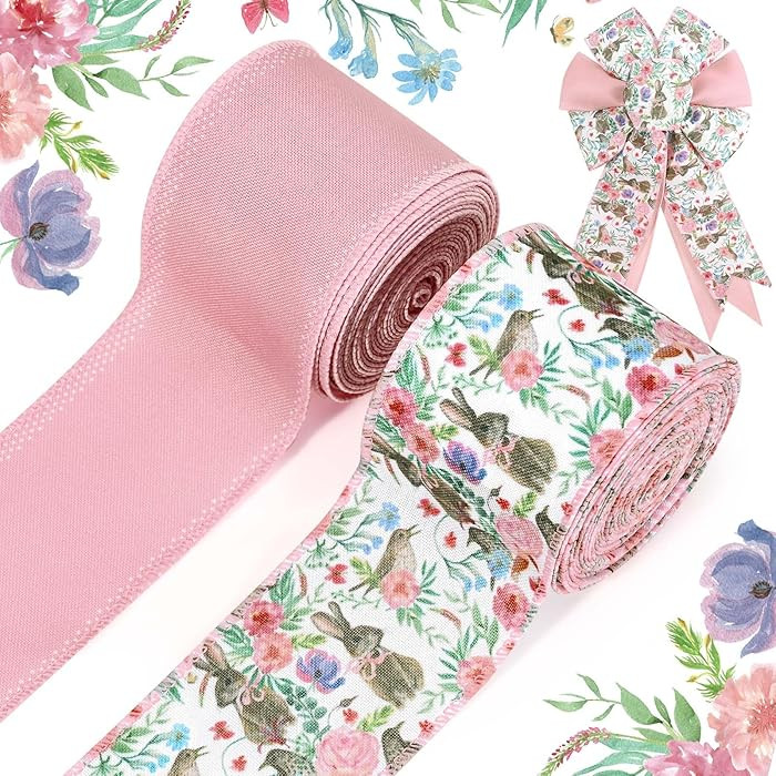 2 Rolls Easter Wired Edge Ribbon Pink Floral Bunny Rabbit Bird Printed Fabric Ribbon for Gift Wra... | Amazon (US)
