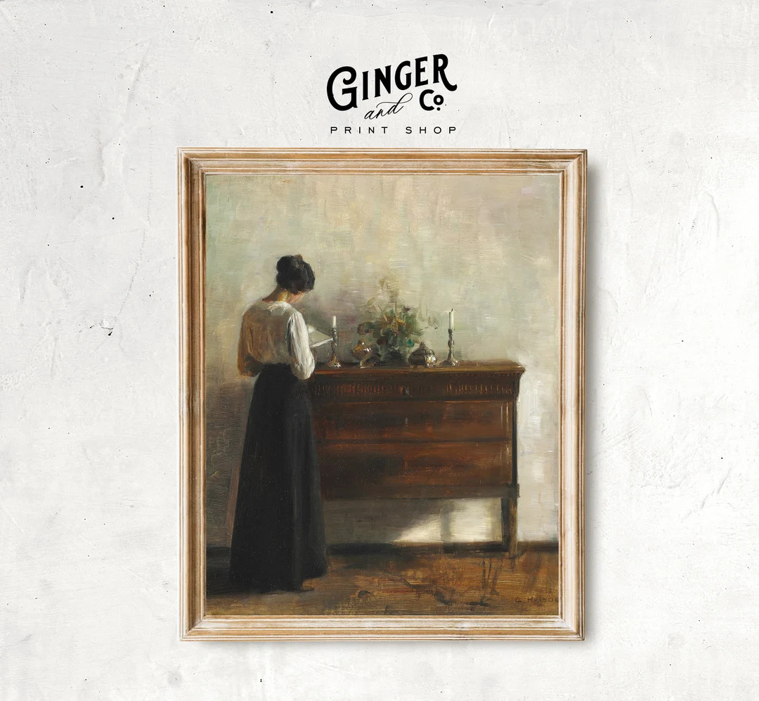 Woman Reading Near a Dresser -- PRINTABLE DIGITAL DOWNLOAD Vintage European Figurative Oil Painti... | Etsy (US)