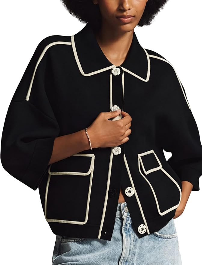 MINSURE Women 3/4 Sleeve Collared Contrast Knit Cardigan Jacket with Flap Pockets | Amazon (US)