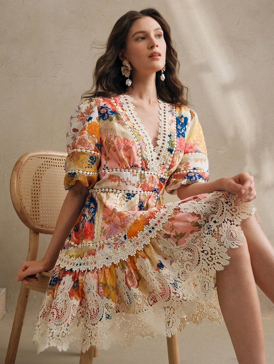 Anewsta Women's Elegant V-Neck Lantern Short Sleeve Floral Print Splice Ruffle Hem Waisted Midi D... | SHEIN