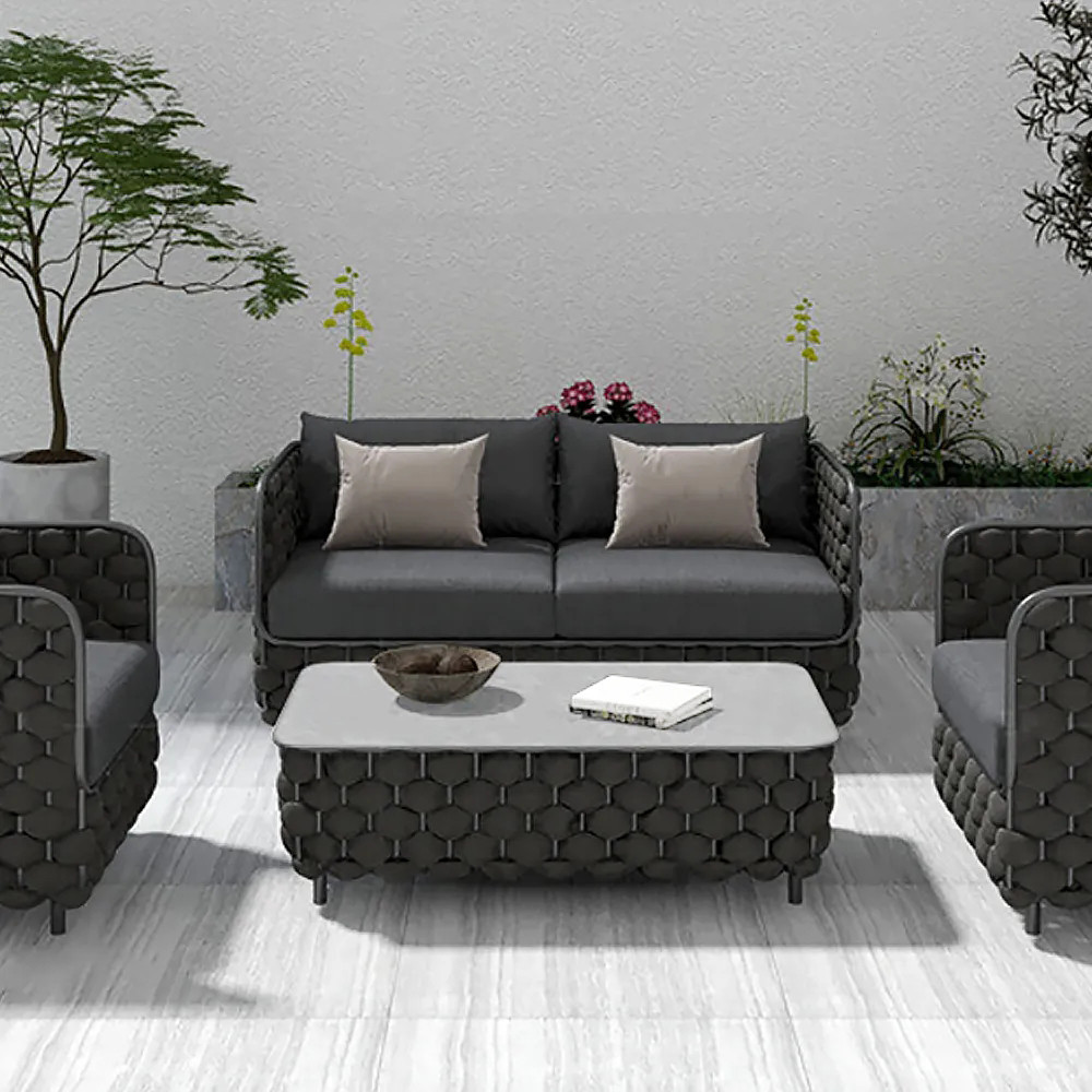 Martic Modern Aluminum & Rope & Sintered Stone Top Outdoor Patio Coffee Table in Black | Homary