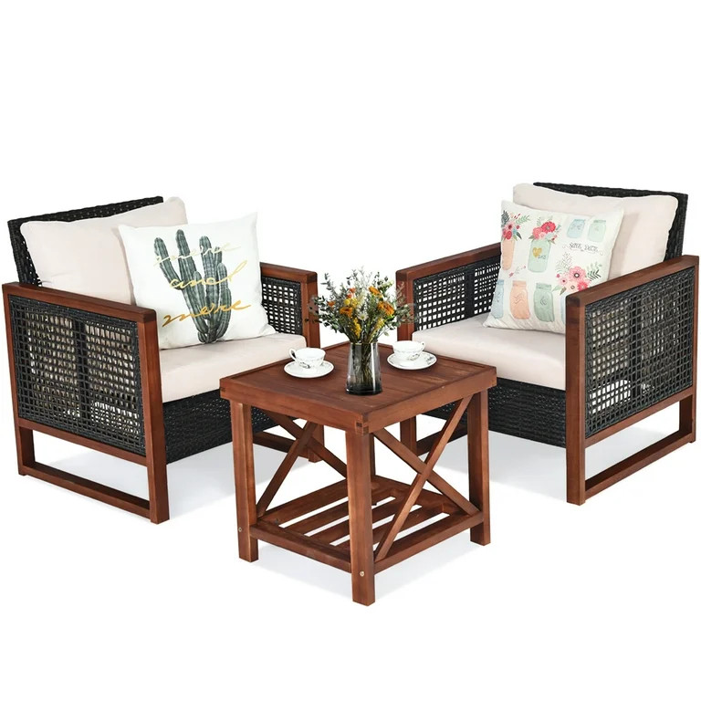 Patiojoy 3-Piece Patio Rattan Wicker Bistro Set Acacia Wood Frame Sofa and Side Table - Walmart.c... | Walmart (US)