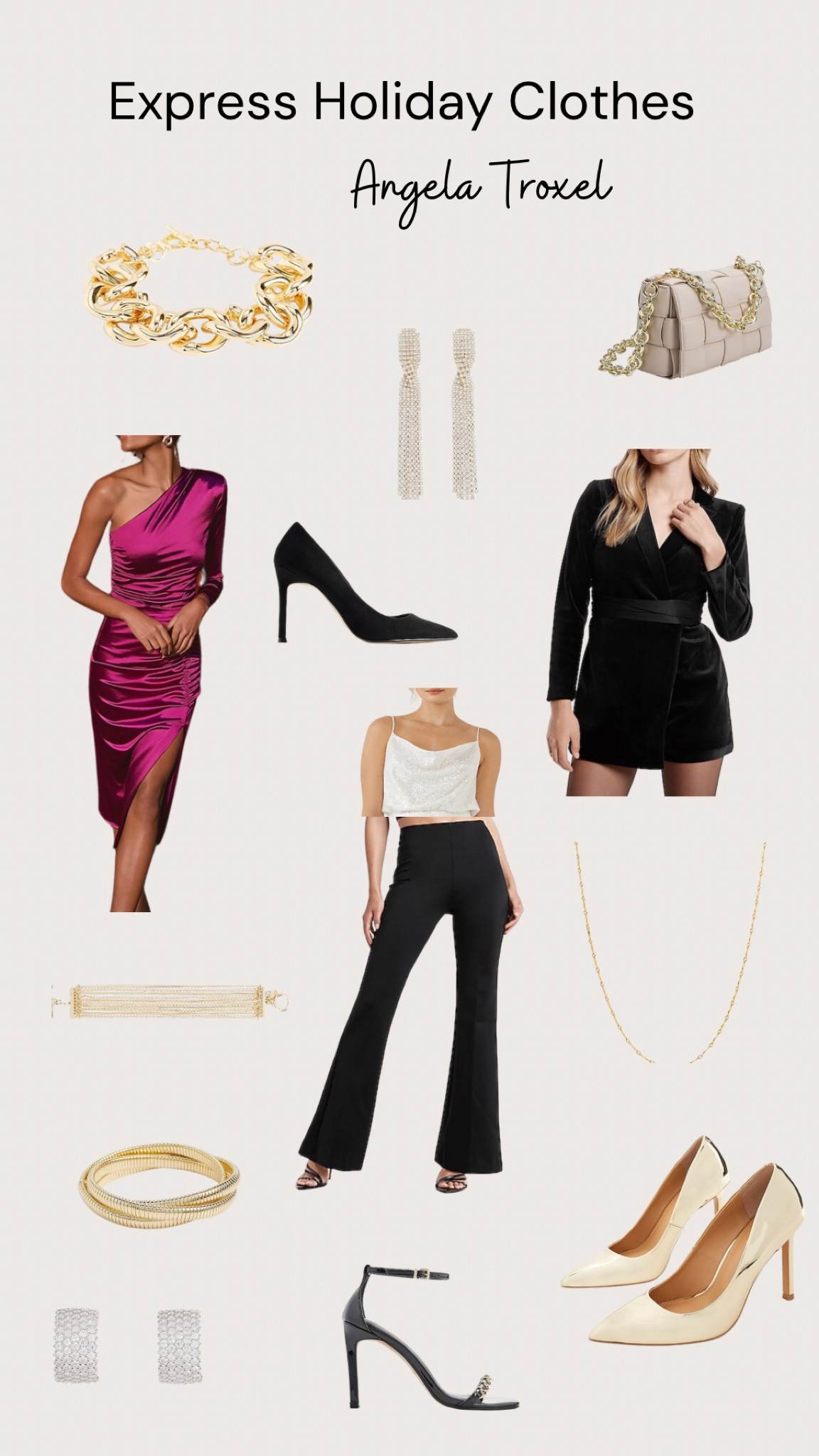 Express Holiday outfits! Dresses, pants, heels, earrings, bracelet, purse, clutch, necklace and sequins. NYE outfits. Date night, party, special occasions. 

#LTKstyletip #LTKHoliday #LTKshoecrush