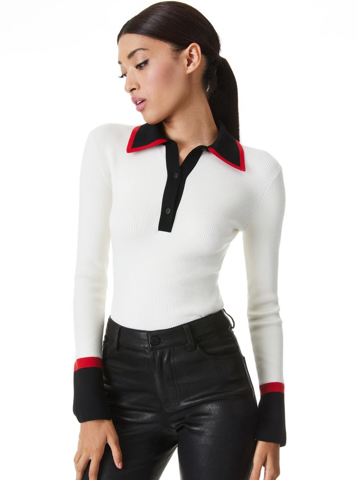 PIA RIBBED KNIT POLO SWEATER | Alice + Olivia