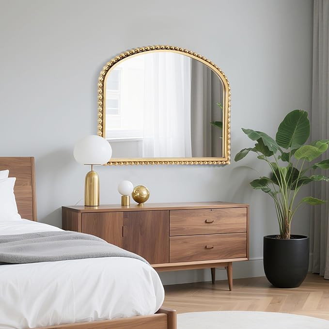 36x28 Inch Wide Arched Wall Mirror with Bold Antique Gold Beaded Frame, Decorative Mantel Mirror ... | Amazon (US)