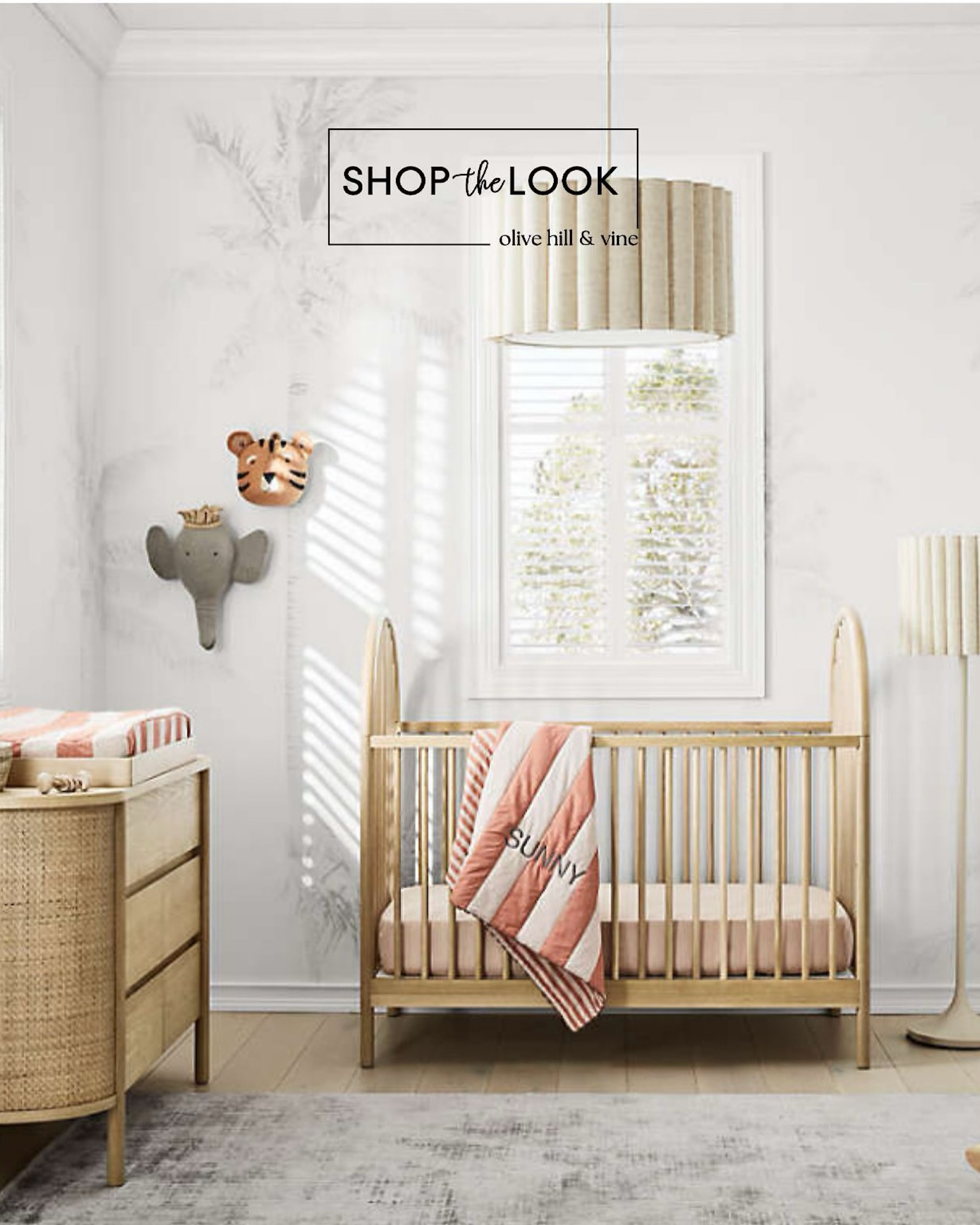 A serene space perfect for your little one. This neutral nursery features a natural crib with round spindles, a pill-shaped dresser with cane accents, pleated linen lighting, a reversible quilt in terracotta or blue, and felt animal head wall décor to complete the charm.

#LTKHome #LTKBump #LTKBaby