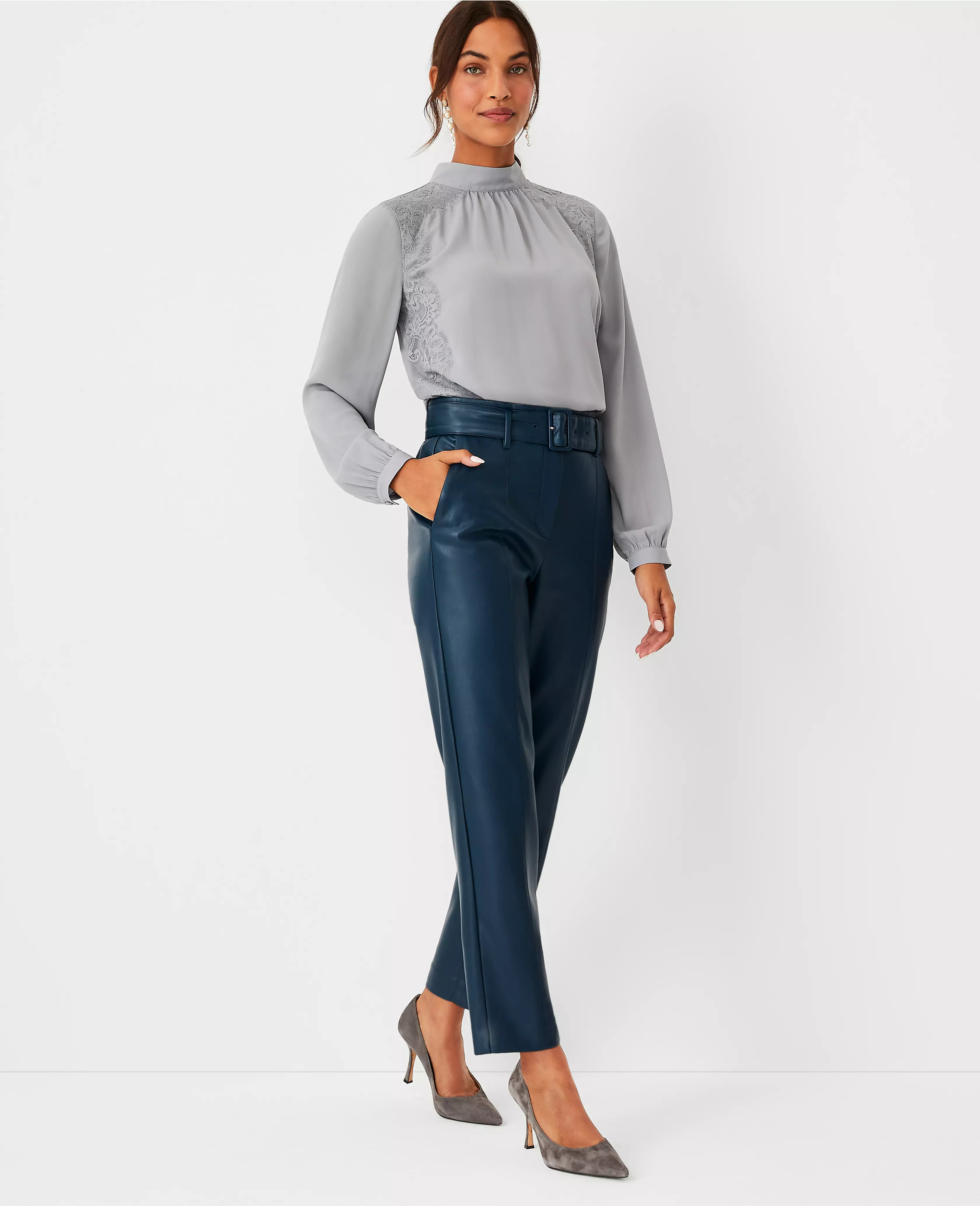 The Petite Belted Taper Pant in Faux Leather | Ann Taylor (US)