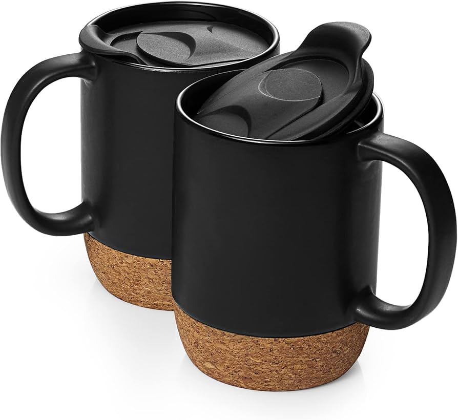 DOWAN Coffee Mugs Set of 2, 15 OZ Coffee Mug with Cork Bottom and Splash Proof Lid, Ceramic Mug w... | Amazon (US)