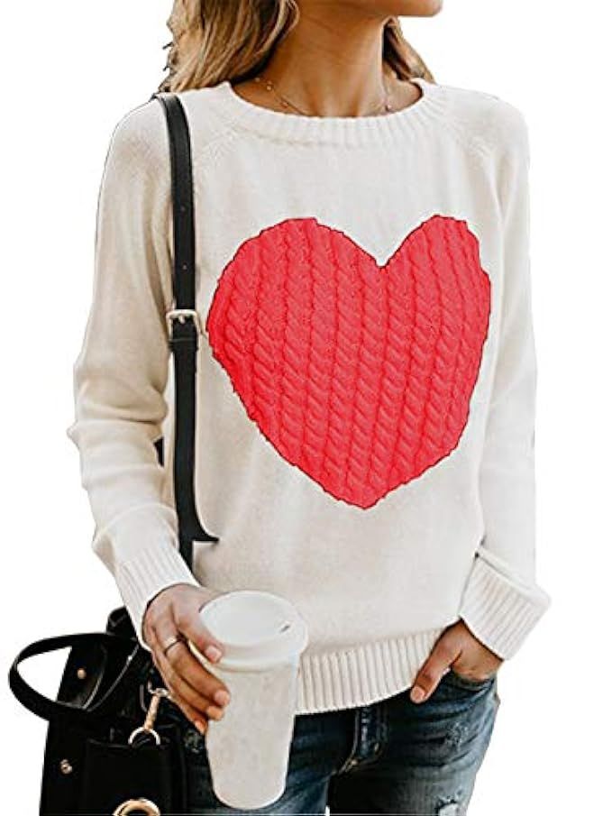 HYCYG Women's Knitted Long Sleeve Crew Ceck Pullover Sweater with Heart | Amazon (US)