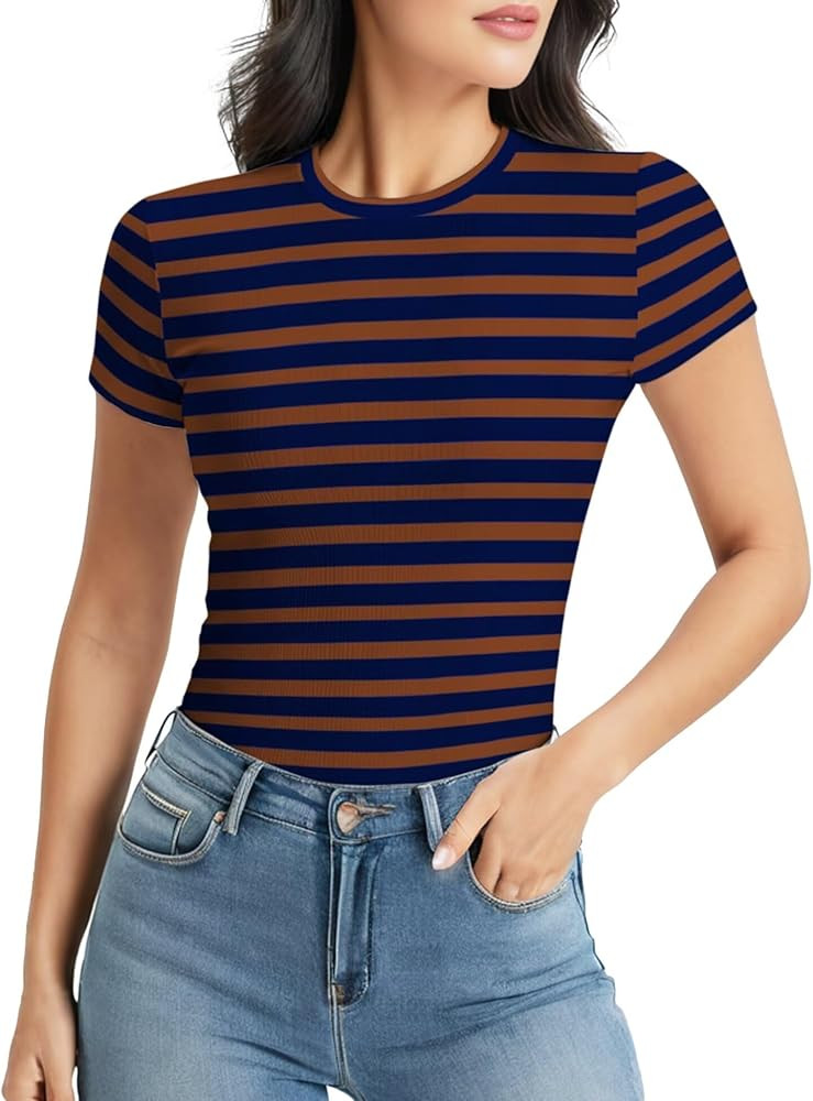 Striped Shirt Women Short Sleeve, Crewneck T-Shirts for Woman Stripes, Fitted Ribbed Tee Stretchy | Amazon (US)