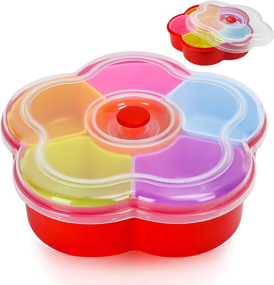 Divided Snack Serving Tray with Lid, Reusable Veggie Tray Snackle Box Container, Colored Flower S... | Amazon (US)