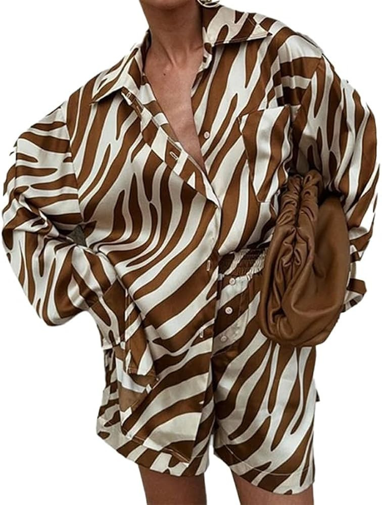 Women's Oversized Zebra Print Two Piece Set Long Sleeve Blouse and Shorts 2 Piece Outfits | Amazon (US)
