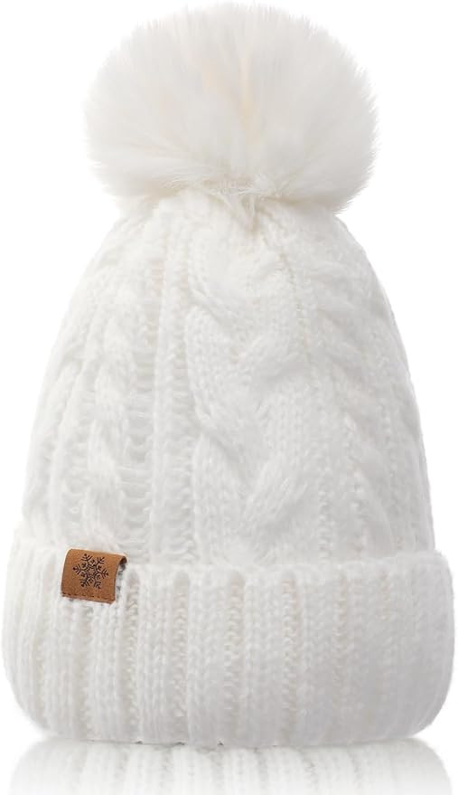Winter Hats for Women - Fleece Lined Beanie for Women, Warm Winter Hat with Faux Fur Pom | Amazon (US)
