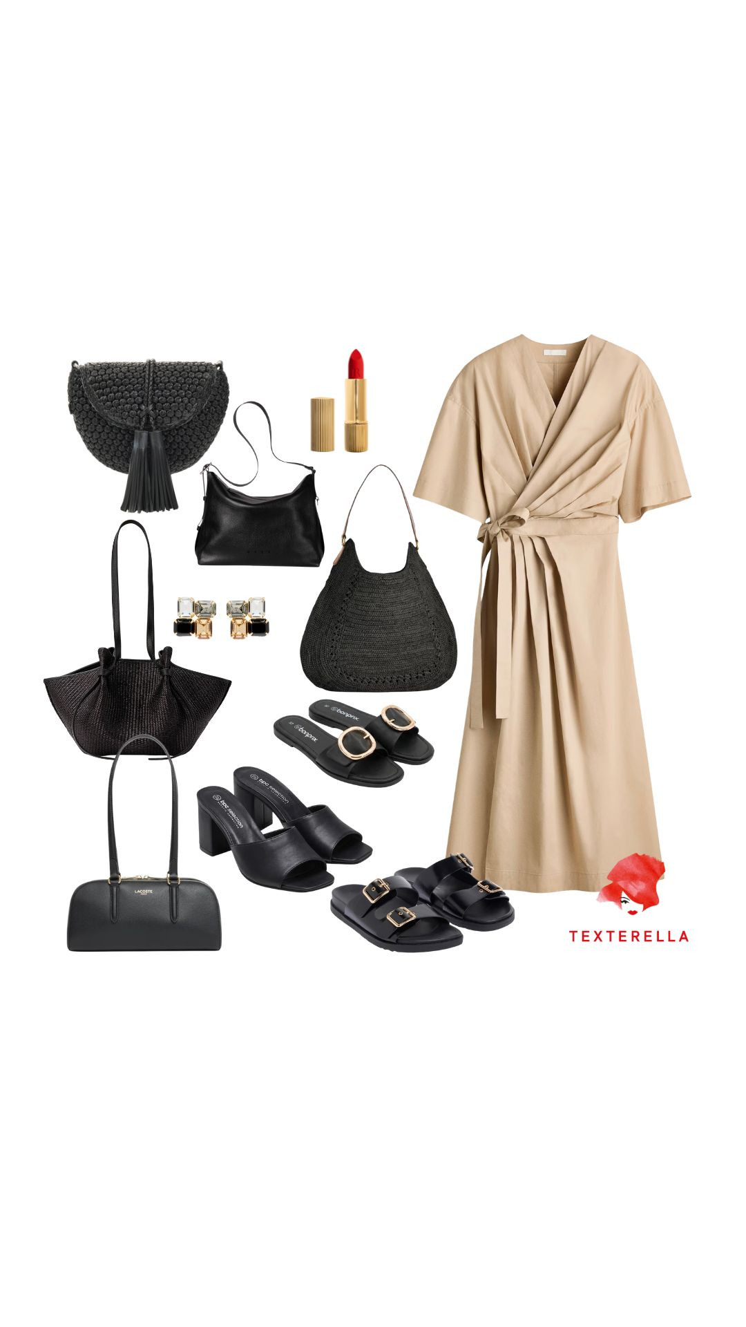 Summer dress: Wickelkleid in Beige, schwarze Tasche, schwarze Pantolette

#LTKeurope #LTKstyletip #LTKsummer