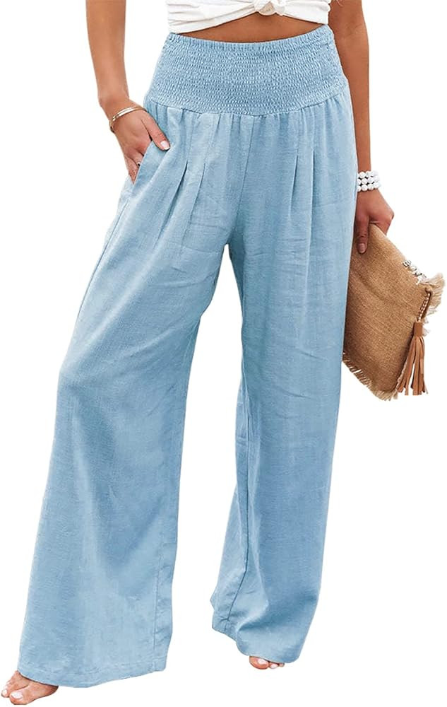 chouyatou Women's Smocked High Waisted Cotton Linen Wide Leg Pants Palazzo with Pockets | Amazon (US)