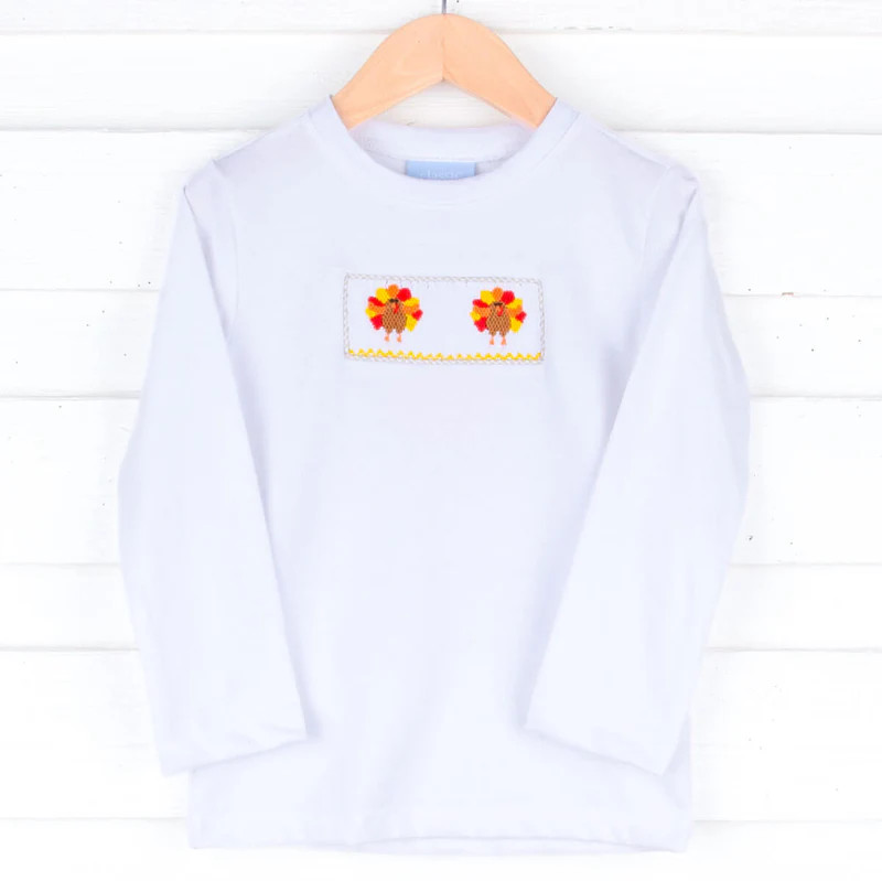 Turkey Smocked White Long Sleeve Shirt | Classic Whimsy