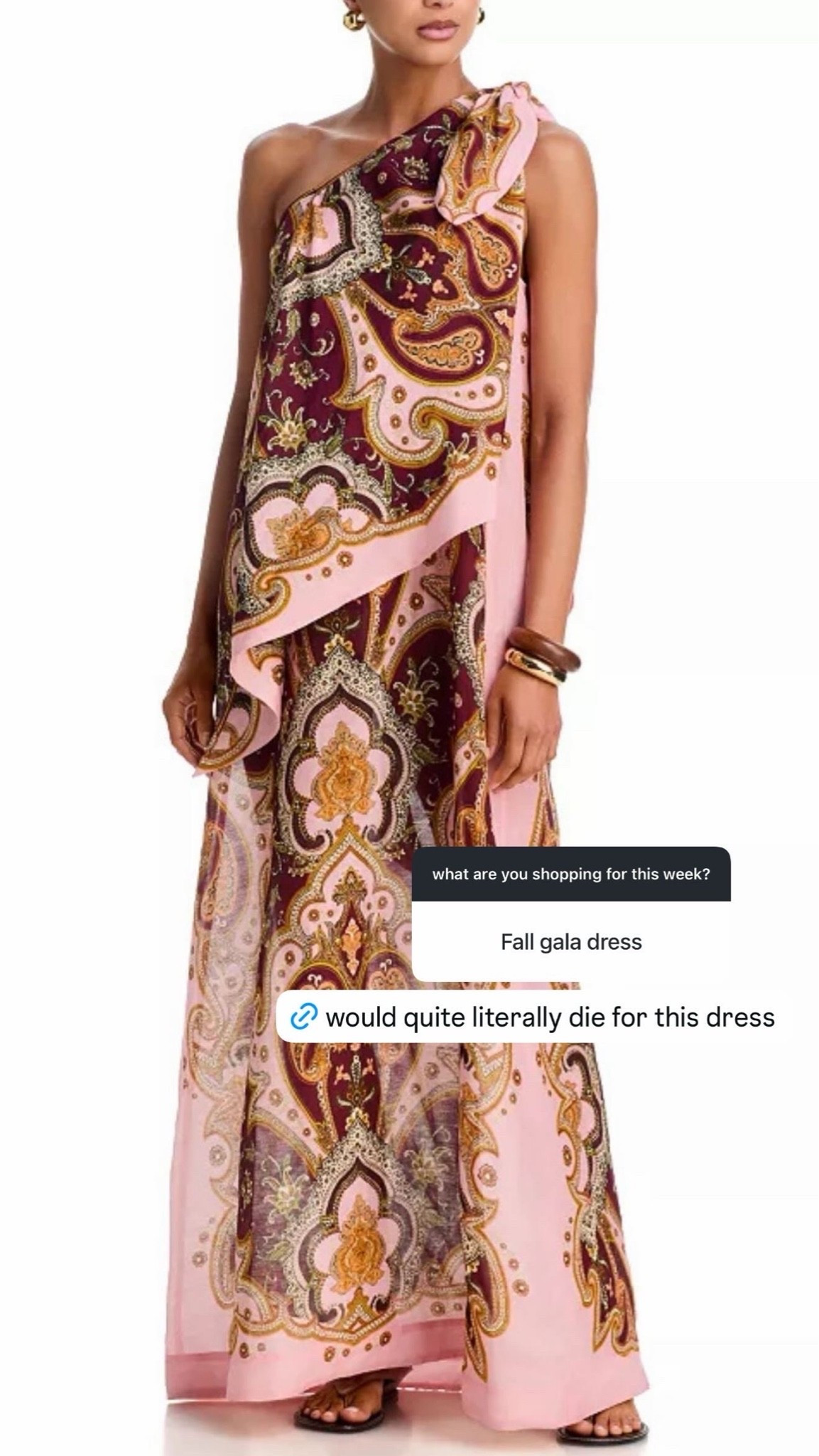 would quite literally die for this dress 😍 the one-shoulder silhouette + scarf-inspired paisley print are so stunning, and the burgundy, blush, and gold tones make it perfect for a fall gala.

such a special event dress that already does all the work, so i’d keep the rest simple with strappy heels, gold jewelry, and a small evening bag.

#LTKSeasonal