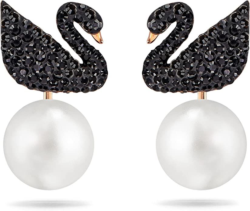 SWAROVSKI Iconic Swan Necklace and Earrings Collection, Rose Gold Tone Finish, Black Crystals | Amazon (US)