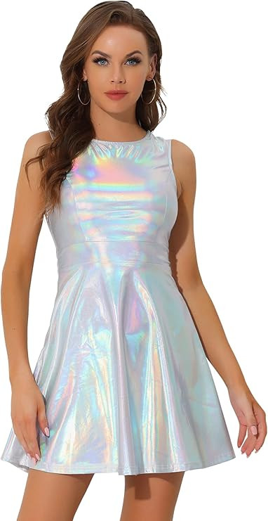 Allegra K Women's Metallic Sleeveless High Waist Club Party Disco Holographic Dress | Amazon (US)