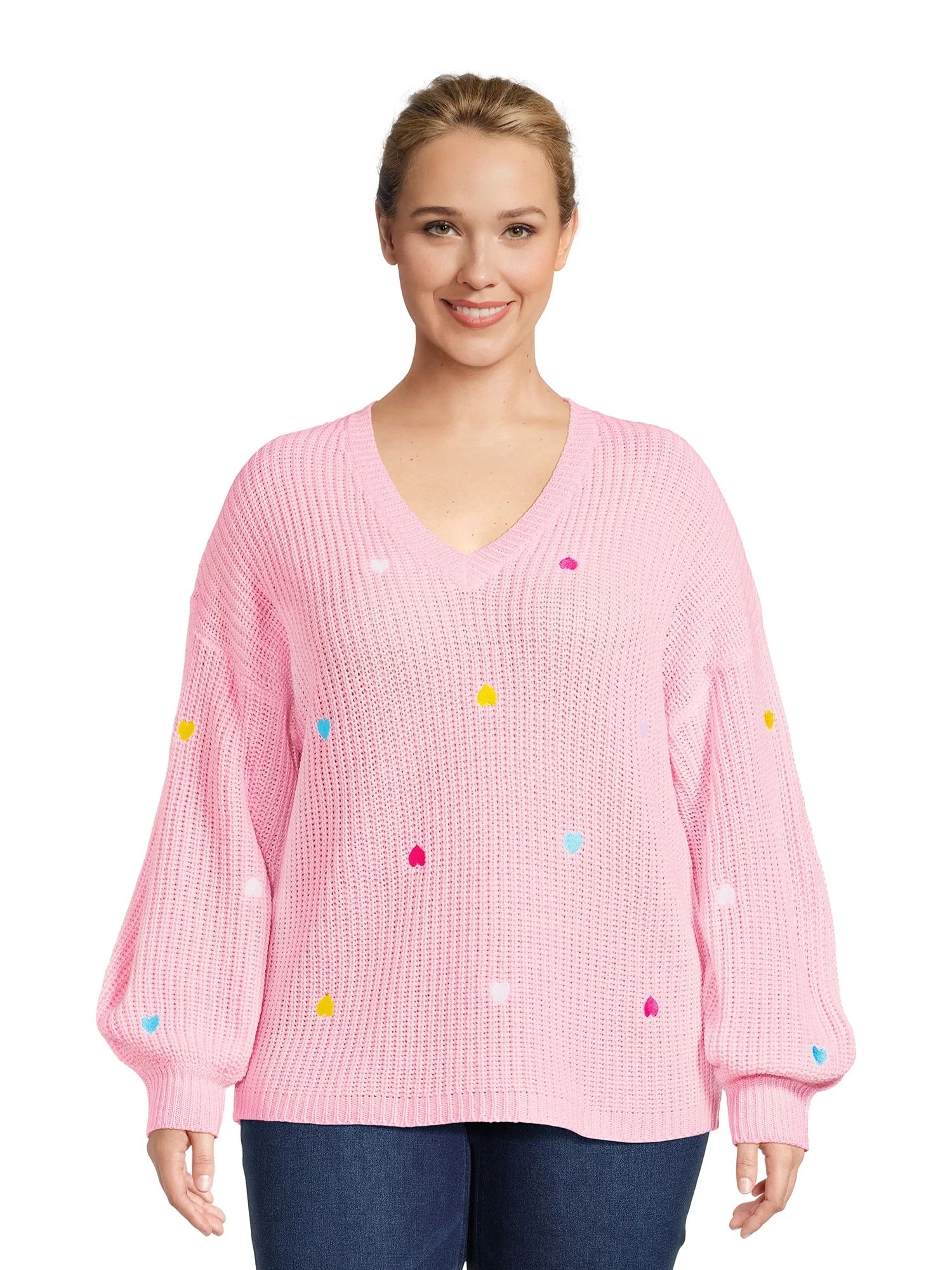 What's Next Women's Plus Size V-Neck Pullover with Heart Embroidery | Walmart (US)