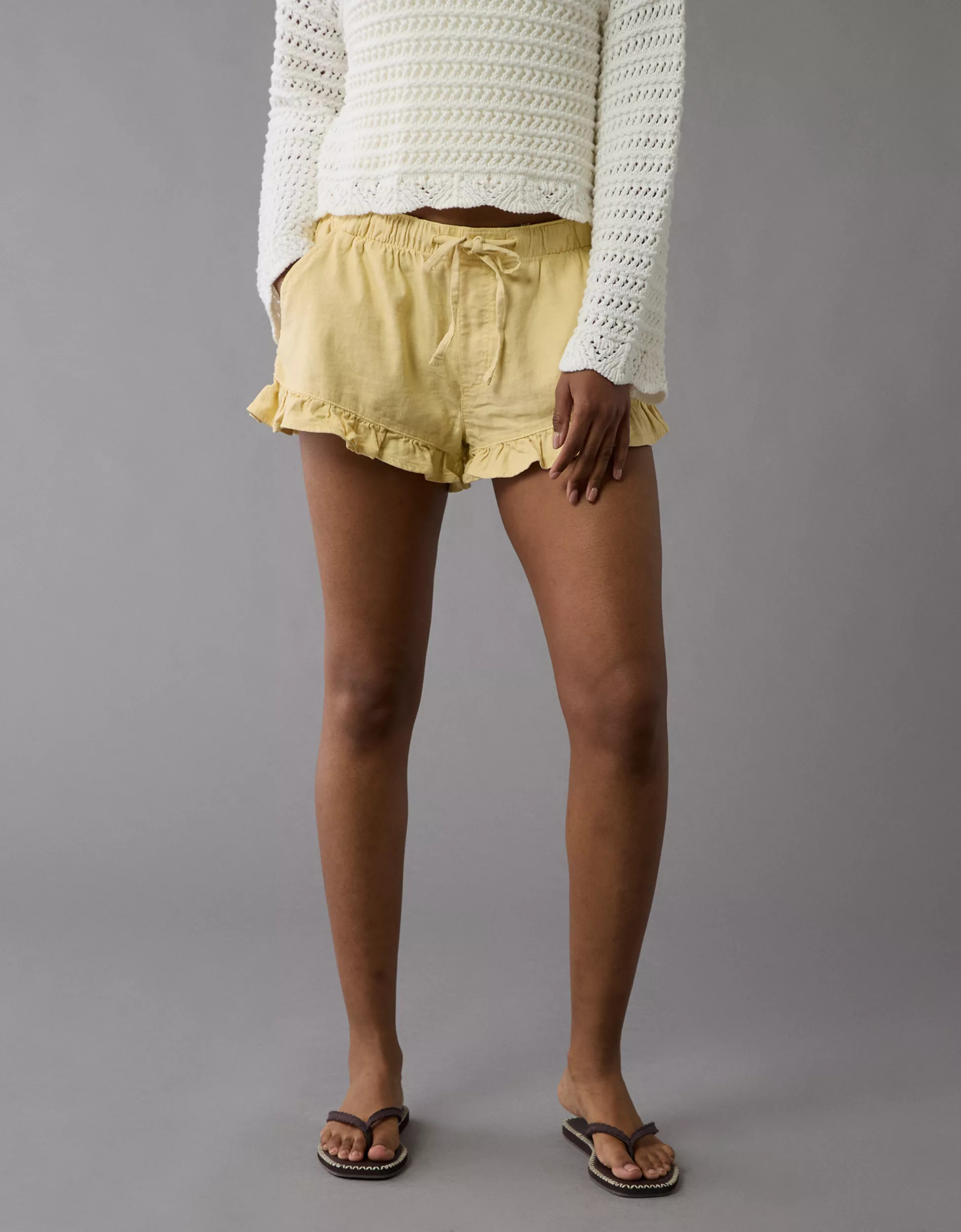 AE Stretch Linen-Blend Ruffle Short | American Eagle Outfitters (US & CA)