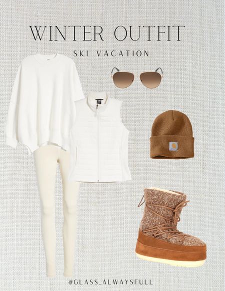 Winter outfit, ski vacation outfit, winter white outfit, winter vacation, puffer vest, neutral leggings, ivory leggings, cream leggings, sunglasses, carhartt beanie, snow boots, moon boots, vacation outfit. Callie Glass @glass_alwaysfull

#LTKSeasonal #LTKtravel #LTKFind