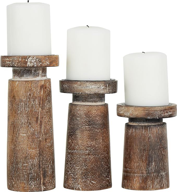 Deco 79 Mango Wood Handmade Candle Holder with Turned Style, Set of 3 6", 8", 10"H, Brown | Amazon (US)