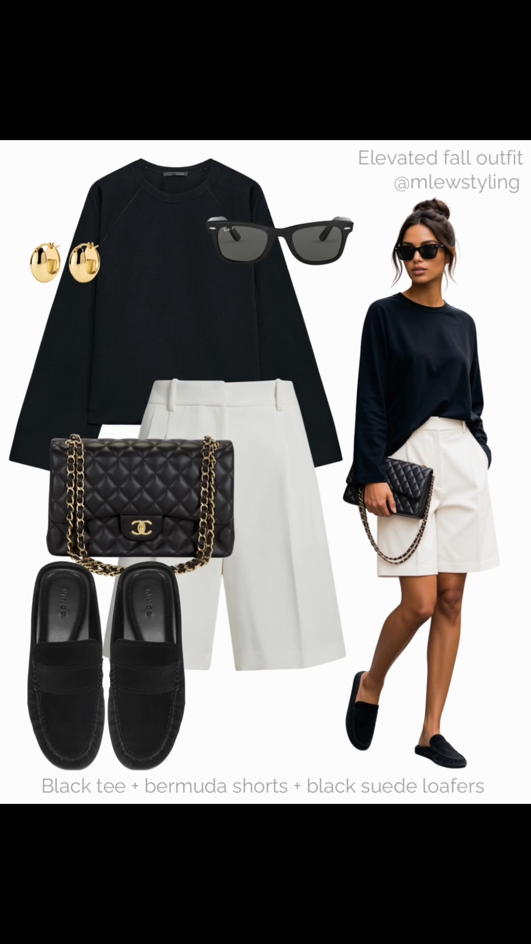 Elevated outfit for early fall ✨

Tags: late summer outfit, black long sleeved tee, white nordstrom bermuda shorts, black suede loafers, quilted Chanel bag, ray-ban sunglasses, gold hoop earrings, neutral outfit formulas, capsule wardrobe

#LTKfall #LTKshoes #LTKbag