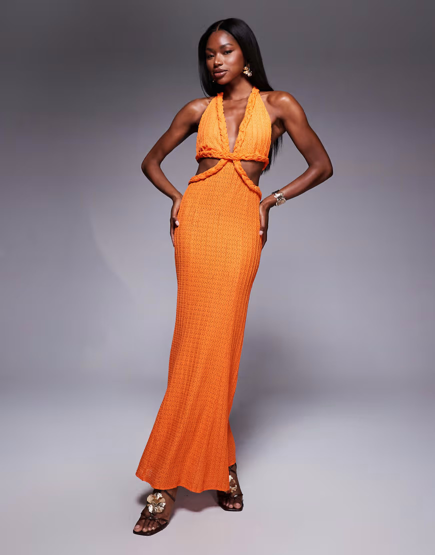 ASOS DESIGN textured rib orange plaited halter midi dress in orange | ASOS (Global)