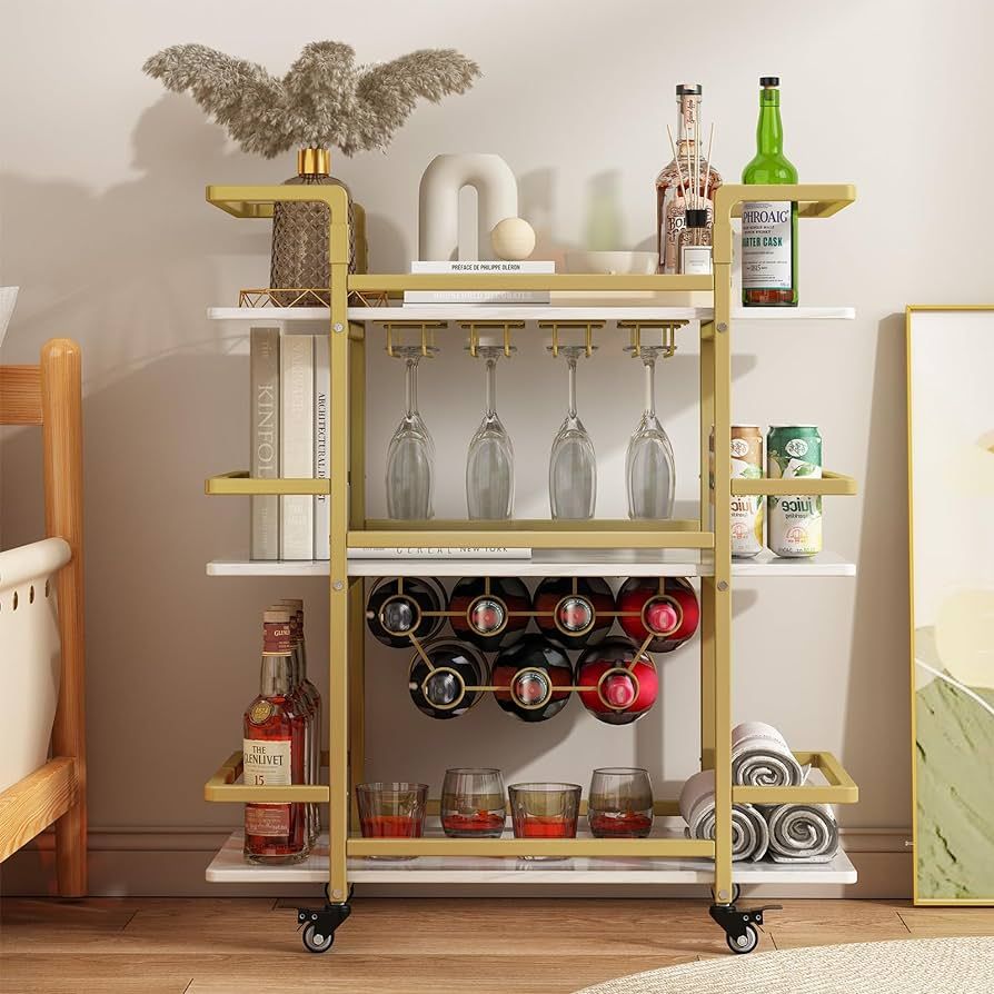 Gold Bar Cart, Home Bar Serving Cart, Movable Wine Cart with Wine Rack and Glass Holder, Kitchen ... | Amazon (US)