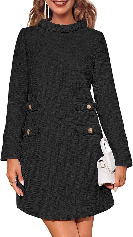 Wenrine Womens Long Sleeve Tweed Dress Work Office Elegant Textured Classy Casual Formal Shift Mi... | Amazon (US)